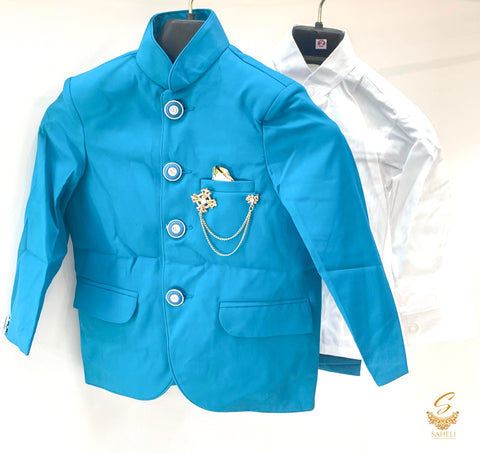 Blue colour 3 Piece Nehru Suit With white shirt & Blue Pent