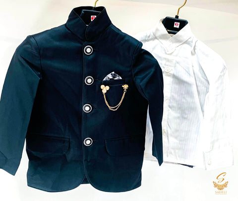 Black Colour 3 Piece Nehru Suit With White Shirt & Dark Green Pent