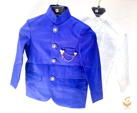 Royal Blue Colour 3 Piece Nehru Suit With White Shirt & Dark Green Pent
