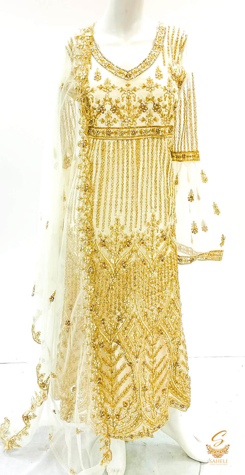 Cream colour netting based beautiful jerkan & embroidery work all over on front & Back of Kameez with stone work designed dupatta Size 46