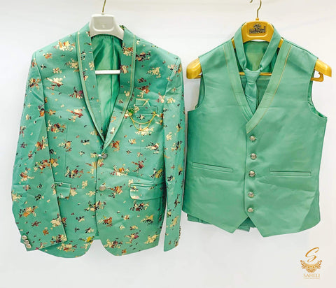 Olive green printed design Mens 4 piece suit