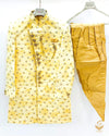 Golden colour brocade print beautifully designed Mens Sherwani with golden tulip pents