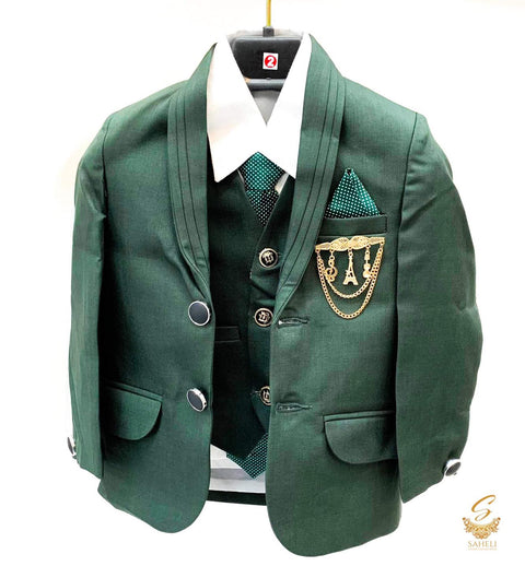 Dark Green Colour Boys 5 Piece Suit