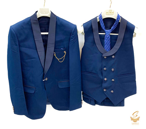 Mat Blue colour Cashmere silk Mens 4 Piece Suit