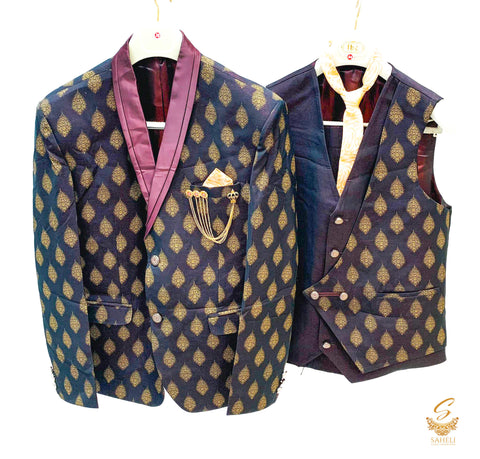Dark Wine colour brocade print designer jodhpuri suit
