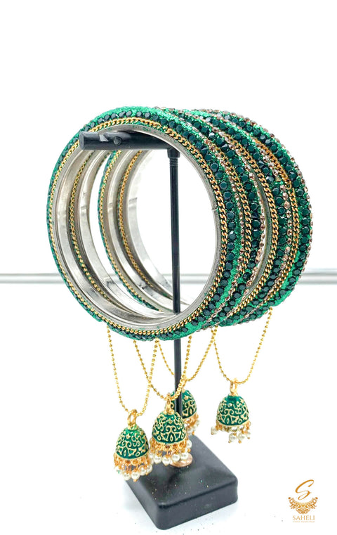 Deep Forest green and Golden Colour Fine Stones Beautiful Brass Bangles Set With Beautiful meenakari & pearl Work Latkans (4 Bangles Set)