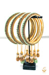 Pastel mint and Golden Colour Fine Stones Beautiful Brass Bangles Set With Beautiful meenakari & pearl Work Latkans (4 Bangles Set)