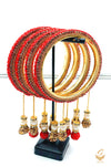 Red and Golden Colour Fine Stones Beautiful Brass Bangles Set With Beautiful stone & pearl Work Latkans (4 Bangles Set)
