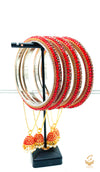 Red and Golden Colour Fine Stones Beautiful Brass Bangles Set With Beautiful meenakari & pearl Work Latkans (4 Bangles Set)