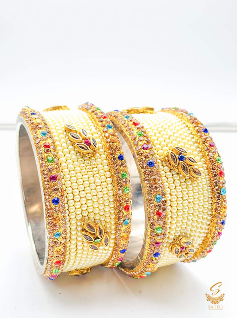 Multicoloured Fine Stones Beautiful Brass Bangles kade With Beautiful pearl Work (2 Kade set)