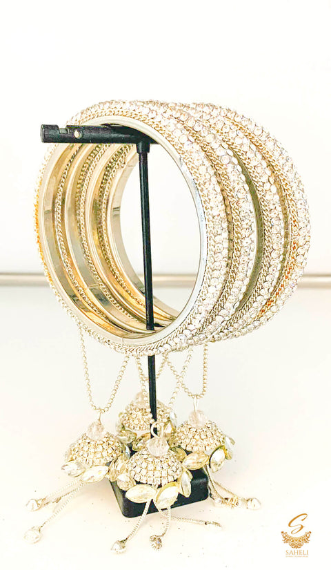 Silver colour fine stones Beautiful Brass Bangles set with beautiful stones & Crystal work latkans (4 Bangles set)