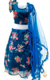 Peacock blue colour organza based floral printed lehnga