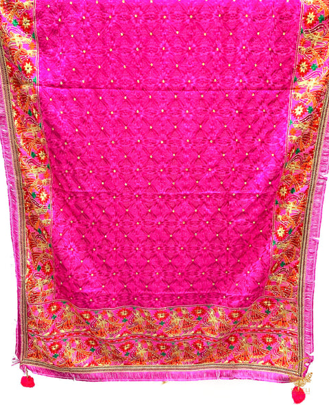 Hot Pink Phulkari Heavy Hand Embroidered Bead Work Chanderi Silk Dupatta with Pom-Pom