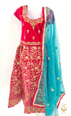 Deep Mazenta colour velvet based heavy embroidery lehnga with teal colour netting embroidered dupatta