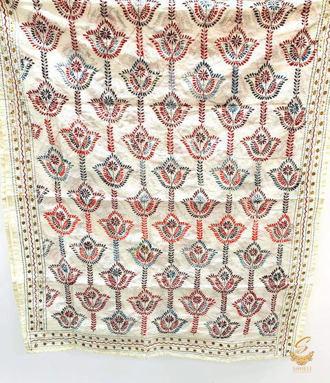Heavy Work Raw Silk Fabric Handcrafted With Kashmiri Work Dupatta