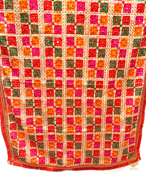 Phulkari Heavy Hand Embroidered Bead Work Chanderi Silk Dupatta
