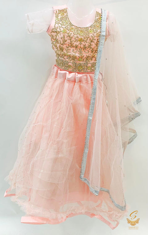 Pastel Pink colour netting based stone hand work blouse with fluff lehnga & netting dupatta