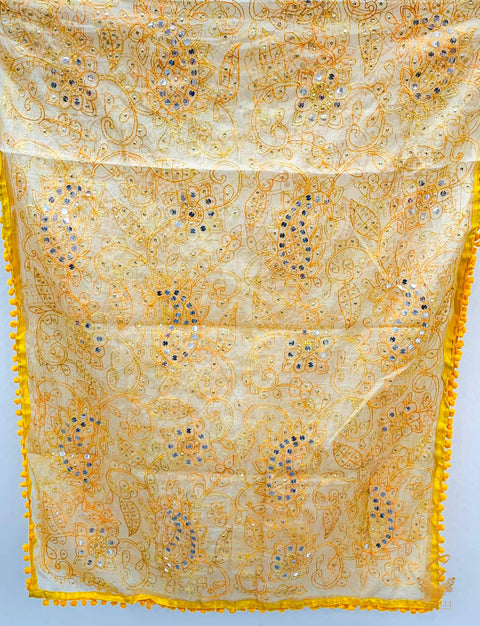 Heavy Work Raw Silk Fabric Handcrafted With Kashmiri Work with pom pom Dupatta