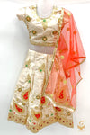 Dusty beigecolour silk based embroidered lehnga with contrast netting dupatta