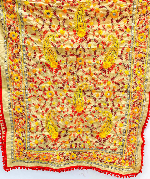 Heavy work raw silk fabric handcrafted  with Kashmiri work Pom pom dupatta