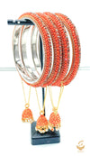 Orange and Golden Colour Fine Stones Beautiful Brass Bangles Set With Beautiful meenakari & pearl Work Latkans (4 Bangles Set)