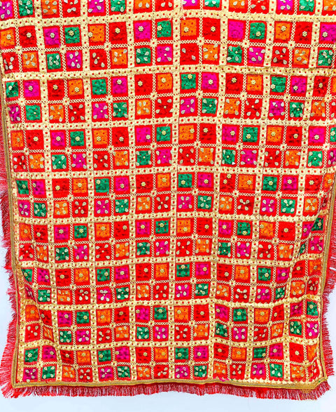 Phulkari Heavy Hand Embroidered Bead Work Chanderi Silk Dupatta