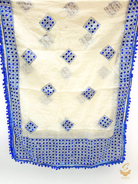 Heavy Work Raw Silk Fabric Handcrafted With Kashmiri Work with pom pom Dupatta