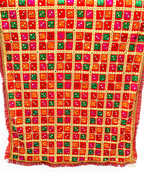 Phulkari Heavy Hand Embroidered Bead Work Chanderi Silk Dupatta