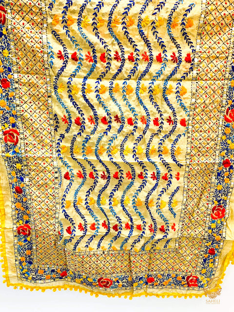 Heavy work raw silk fabric handcrafted  with Kashmiri work Pom pom dupatta