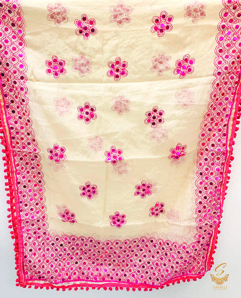 Heavy Work Raw Silk Fabric Handcrafted With Kashmiri Work with pom pom Dupatta