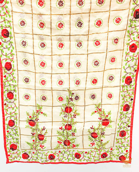 Heavy Work Raw Silk Fabric Handcrafted With Kashmiri Work with Pom pom Dupatta