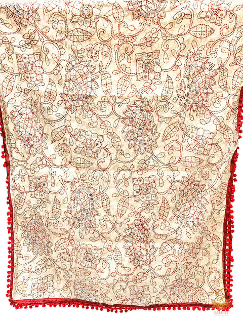 Heavy Work Raw Silk Fabric Handcrafted With Kashmiri Work with pom pom Dupatta