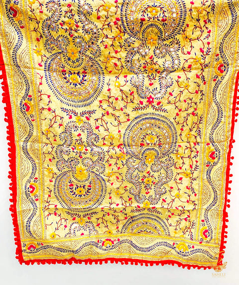 Heavy Work Raw Silk Fabric Handcrafted With Kashmiri Work with pom pom Dupatta