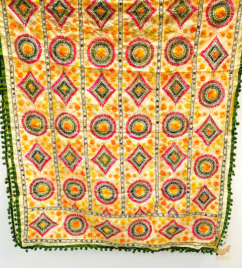 Heavy work raw silk fabric handcrafted  with Kashmiri work Pom pom dupatta