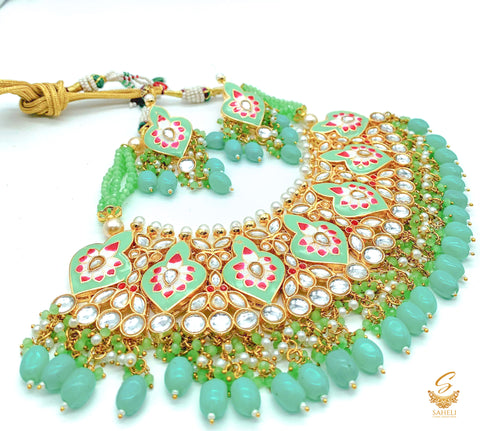 Pastel mint and seafoam green colour beautiful meenakari work with kundan stones & beads pearls necklace set