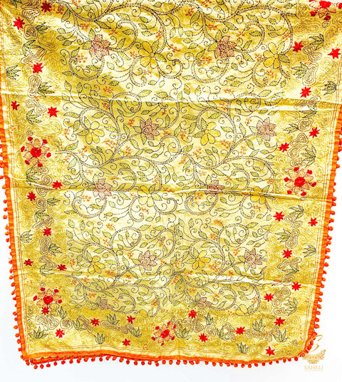 Heavy Work Raw Silk Fabric Handcrafted With Kashmiri Work with pom pom Dupatta