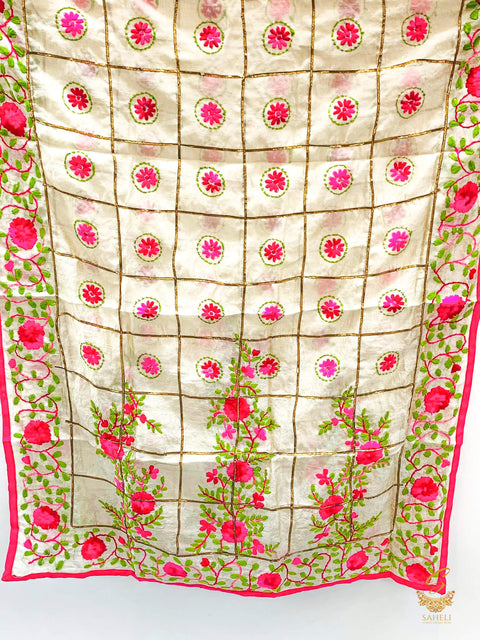 Heavy Work Raw Silk Fabric Handcrafted With Kashmiri Work with Pom pom Dupatta