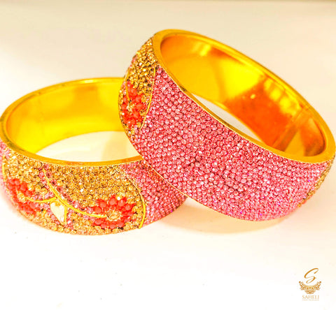 Pink colour  jerkan stones with golden mirror stones kade set (2 KAde)