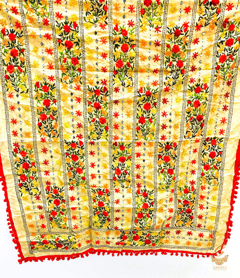Heavy work raw silk fabric handcrafted  with Kashmiri work Pom pom dupatta