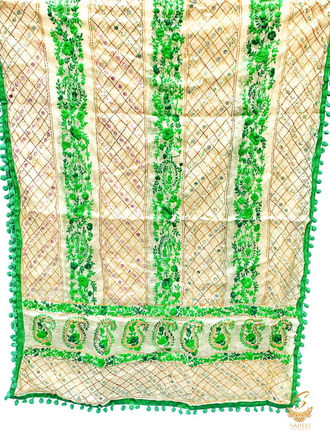 Heavy Work Raw Silk Fabric Handcrafted With Kashmiri Work with pom pom Dupatta