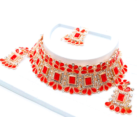 Red Colour Crystal Stone With Silver Jerkan Stone Rosegold Necklace Set