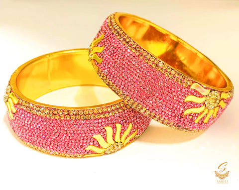 Pink jerkan stones with golden mirror stones kade set (2 KAde)