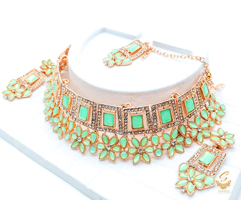 Pastel seafoam green Colour Crystal Stone With Silver Jerkan Stone Rosegold Necklace Set