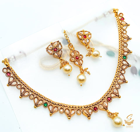 Small Size  South Indian Style Beautiful Gold Plated (Artificial) with polki stone Necklace Set