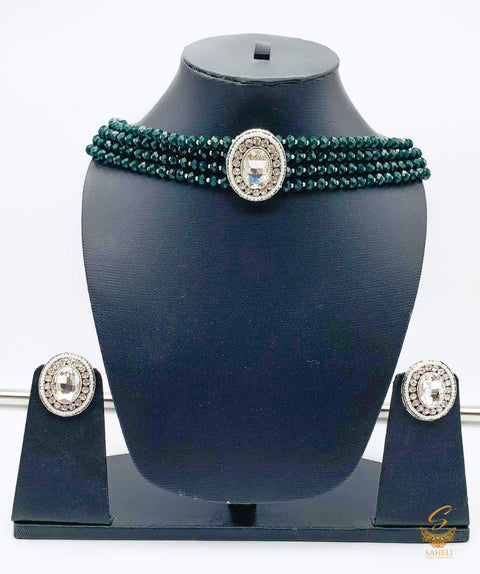 Deep Kai Green Crystal Pearls With Silver Jerkan Stone & Pearls Pendant Choker Set