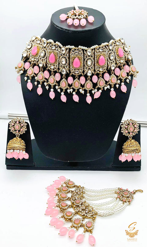 Baby Pink  Stones With Jerkan Stones & Moti Work Beautiful Necklace Set With Pasa