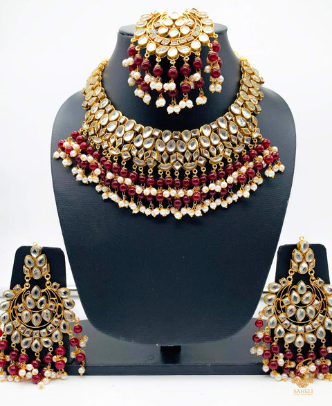 Dark Maroon pearls with kundan beautiful necklace set