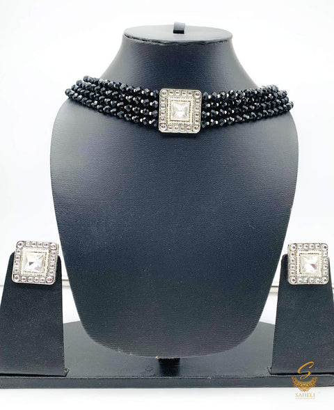 Black  Crystal Pearls With Silver Jerkan stone & pearls Pendant Choker Set