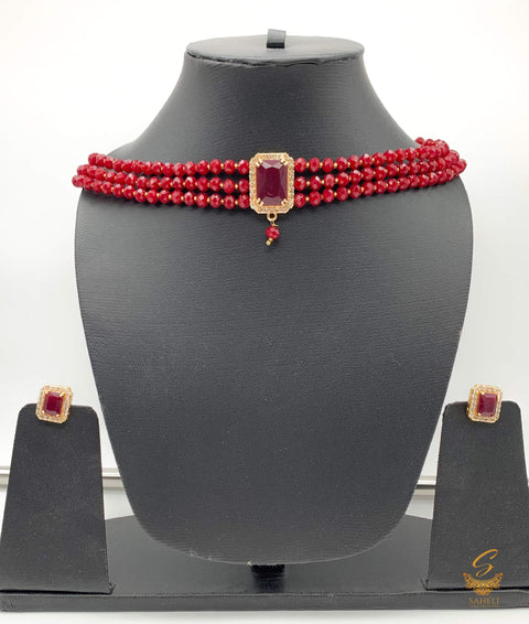 Dark maroon crystal pearls with dark maroon colour stone & jerkan pendant choker set