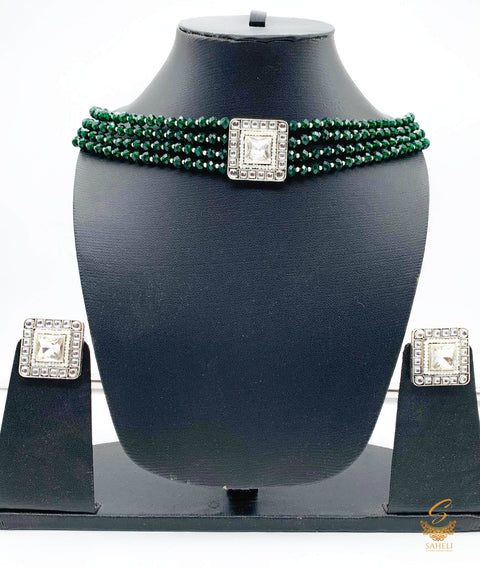 Deep Kai Green Crystal Pearls With Silver Jerkan stone & pearls Pendant Choker Set
